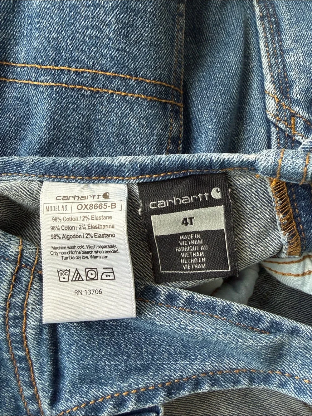 Carhartt Toddler Denim Bib Overalls 4T Boys Blue Jeans Workwear Kids Rugged